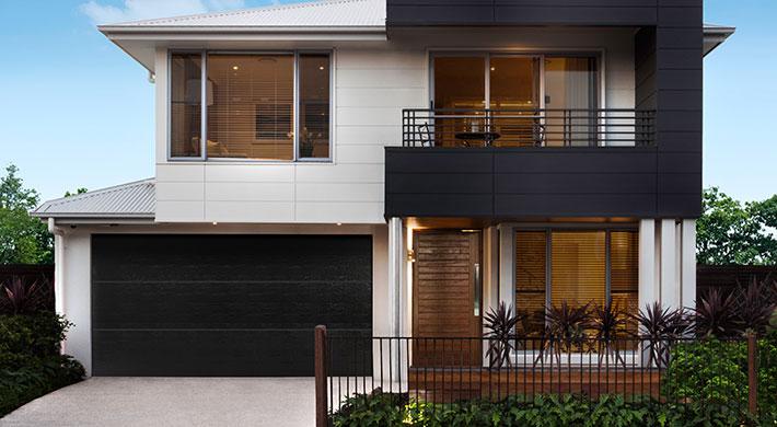 Amarr classica flush garage door in black with no windows in a modern home